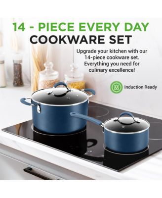 14-Piece Navy Blue Cookware Set - Durable Non-Stick Pots and Pans Set with Lids & Utensils, Compatible with All Cooktops