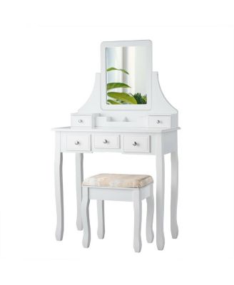 Makeup Vanity Set with Mirror and Cushioned Stool