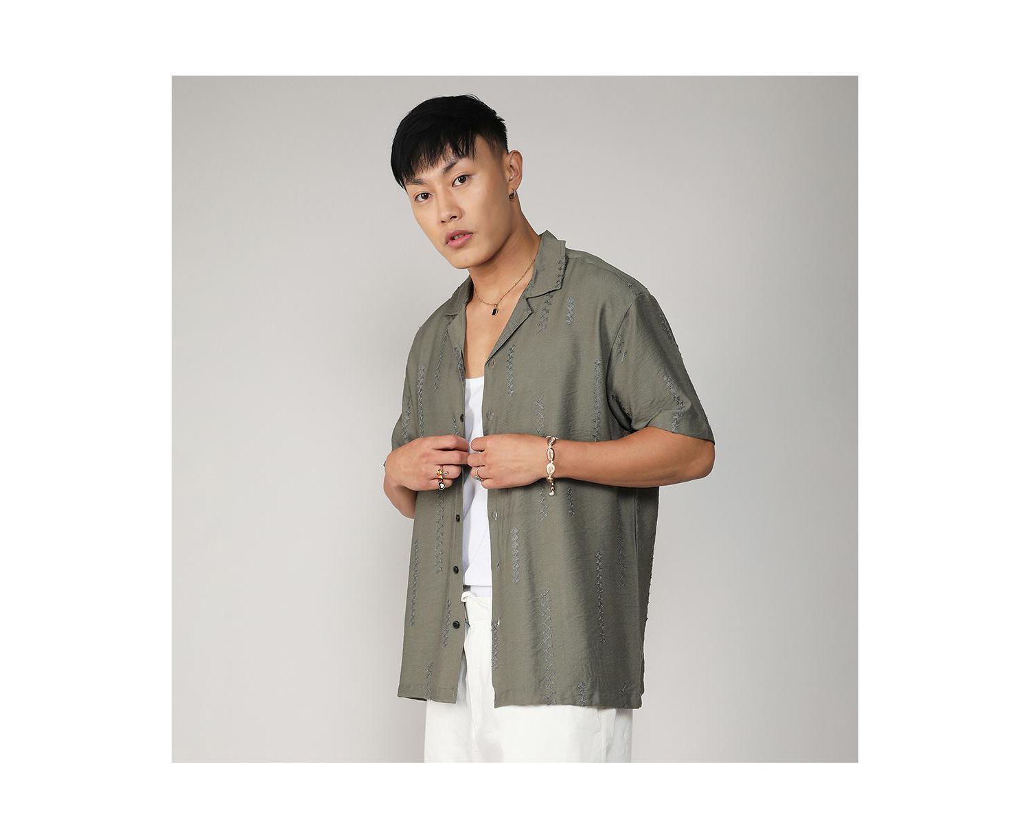 Men's Olive Green Embroidered Twist Shirt