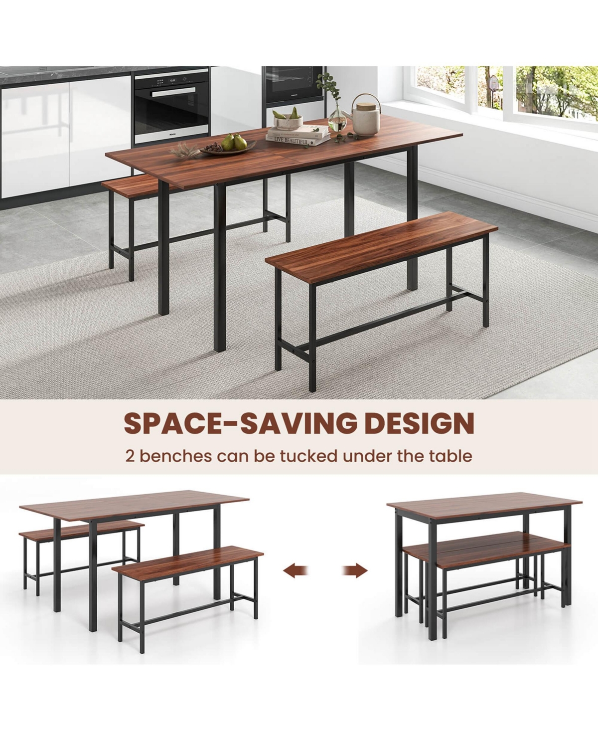 3 Piece Dining Table Set for 4-6 63"Kitchen Table with 2 Benches Metal Frame