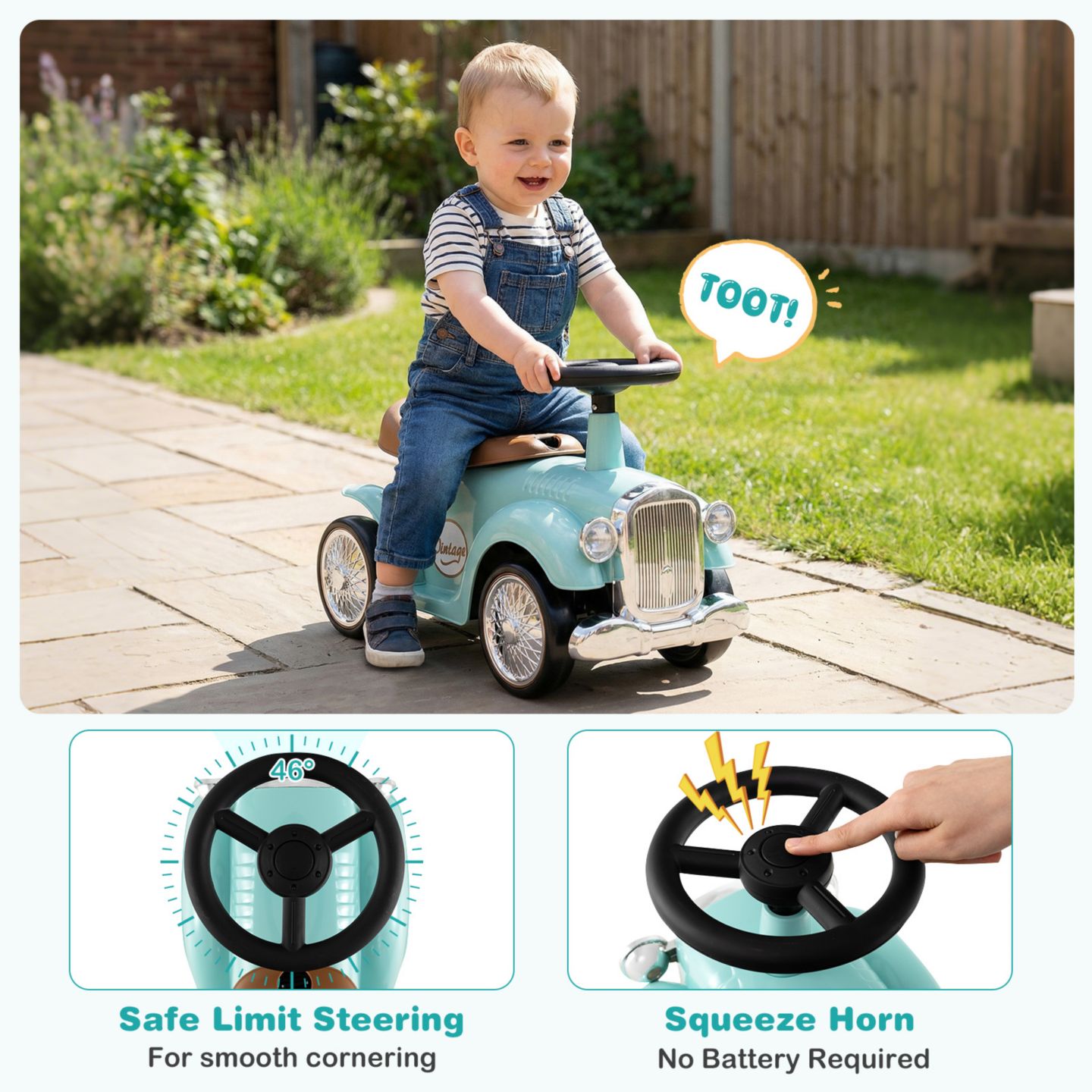 Детская игрушка Gymax 1930 Classic Retro Sit to Stand Ride-On Toy with Working Steering Wheel, 23"L x 10.5"W x 13.5"H, 55 lbs Capacity, Ages 18-36 Months, цвет: Коричневый, вариант 1 — фото 3