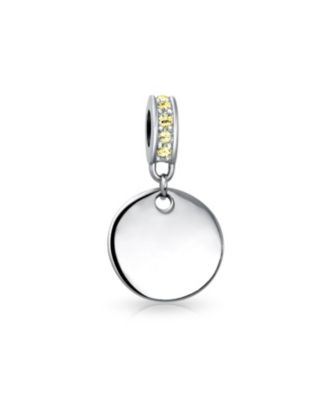 Crystal Accent Bale Dangle Round Circle Disc Shaped Charm Bead .925 Sterling Silver