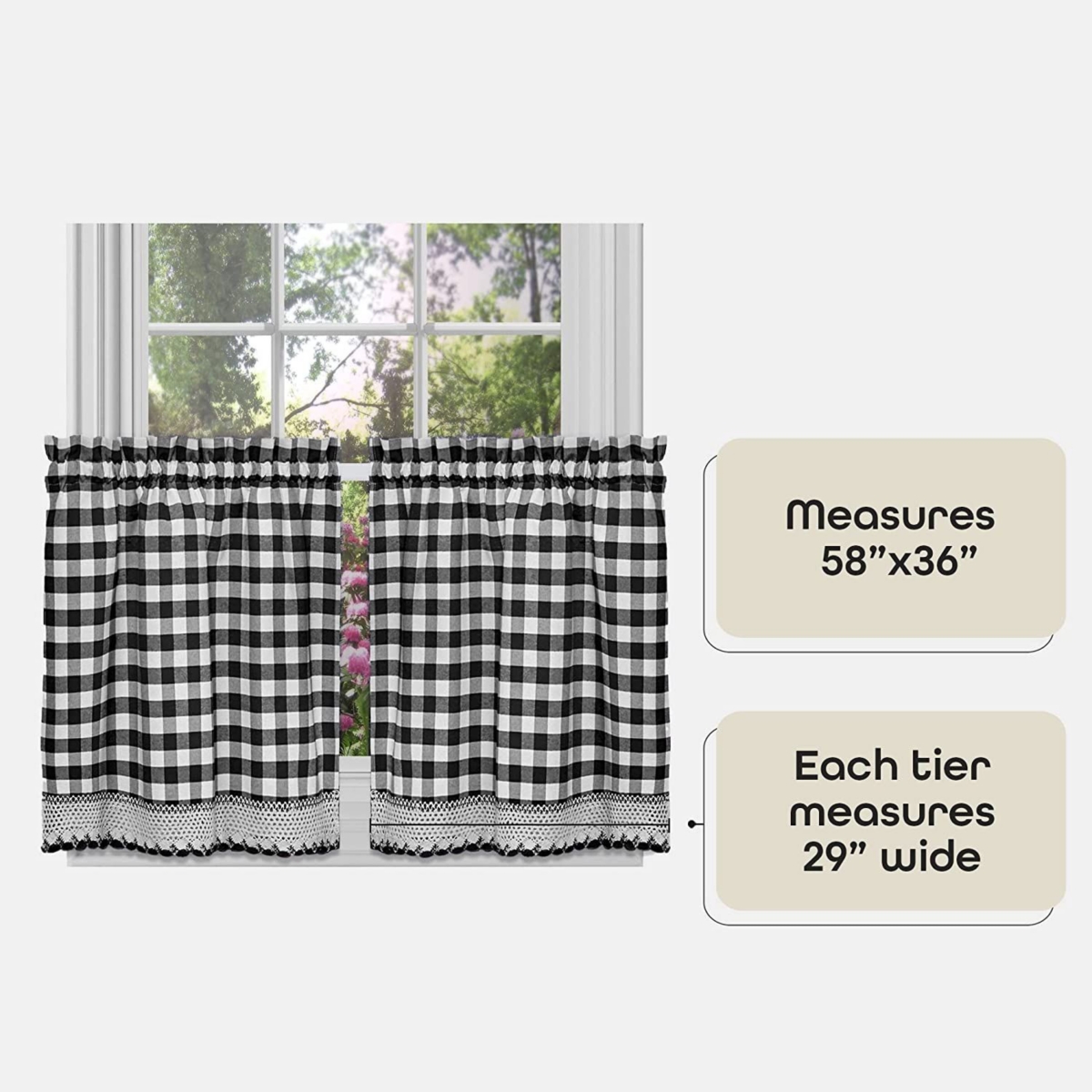 Kate Aurora 2 Piece Country Farmhouse Buffalo Plaid Rod Pocket Cafe Tier Curtain Panels With Macrame Border