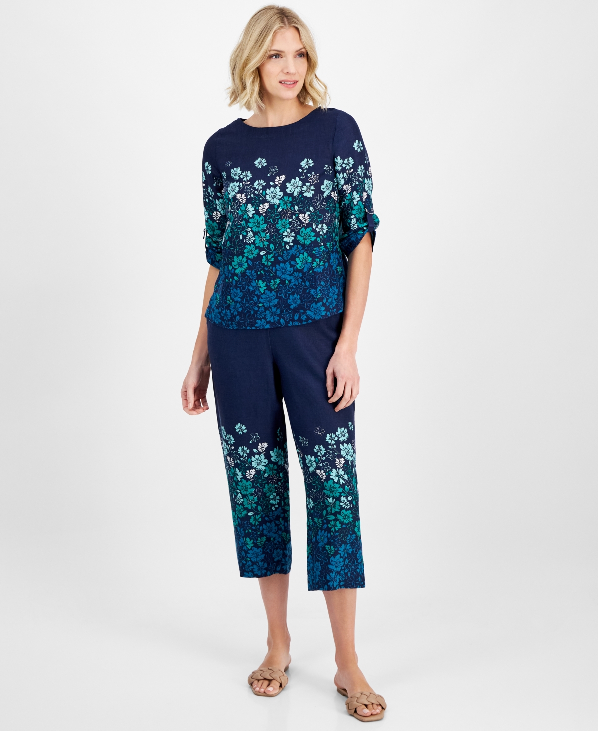 Women's 100% Linen Ombre-Print Cropped Pants, Exclusively at Macy's - Combo Intrepid Blue