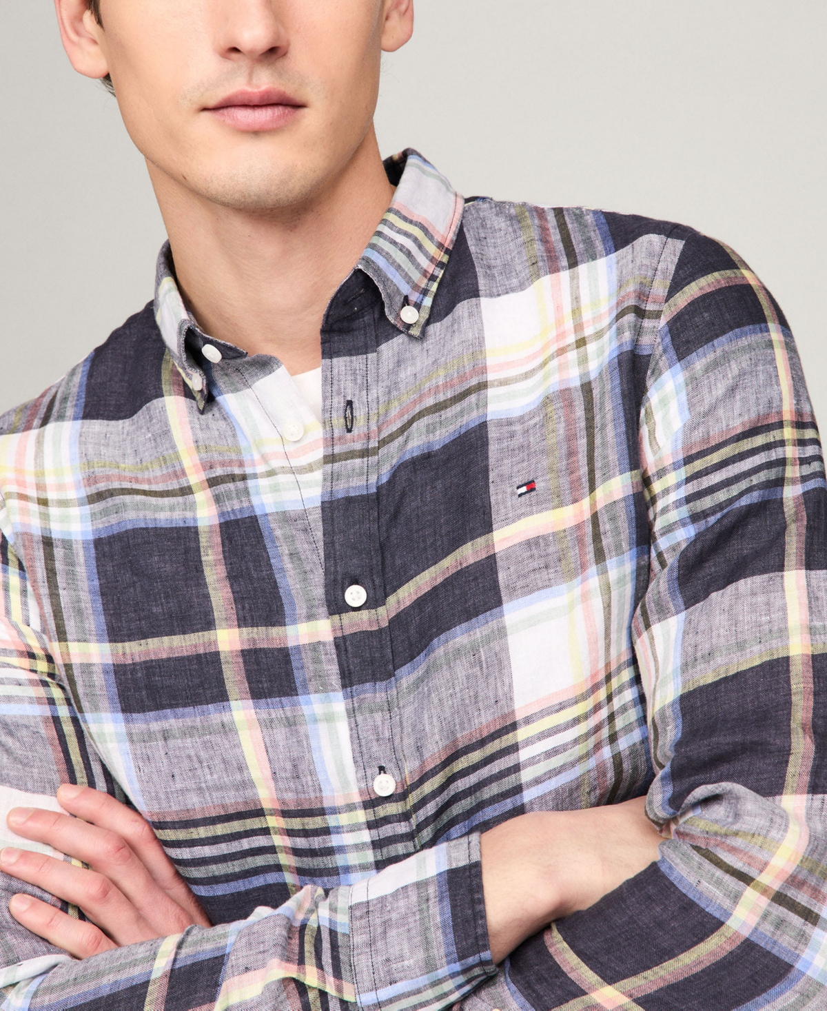 Shop Tommy Hilfiger Men's Iconic Linen Check Slim-fit Long-sleeve Shirt In Blue Check