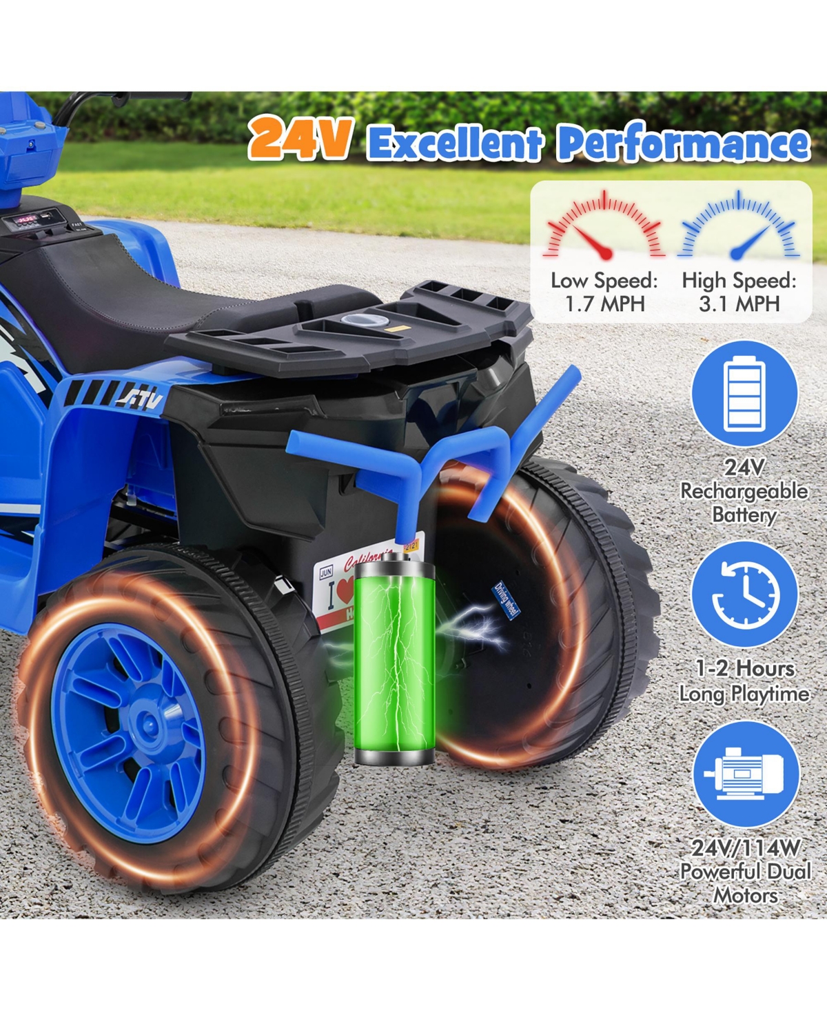 Gymax Kids Ride-On Atv 24V Battery Powered Electric Vehicle w/ Wireless Connection Music Radio Pink - Blue+black