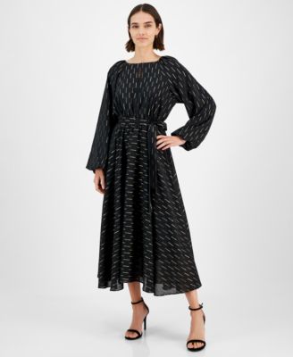 T Tahari - Women's Metallic-Print Fit & Flare Long-Sleeve Dress