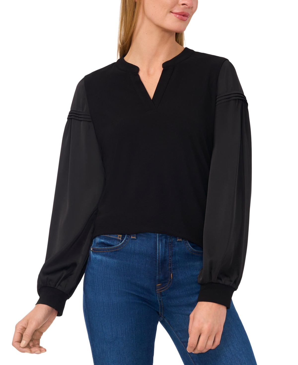 Women's Split-Neck Balloon-Sleeve Pin-Tuck Top - Rich Black