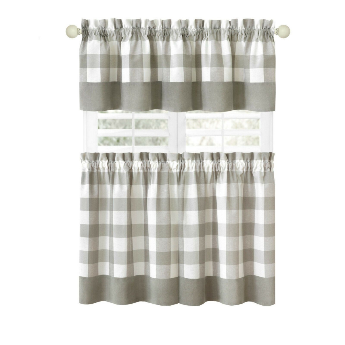 Kate Aurora Modern Country Farmhouse 3 Piece Plaid Checkered Cafe Kitchen Curtain Tier & Valance Set - in - Black