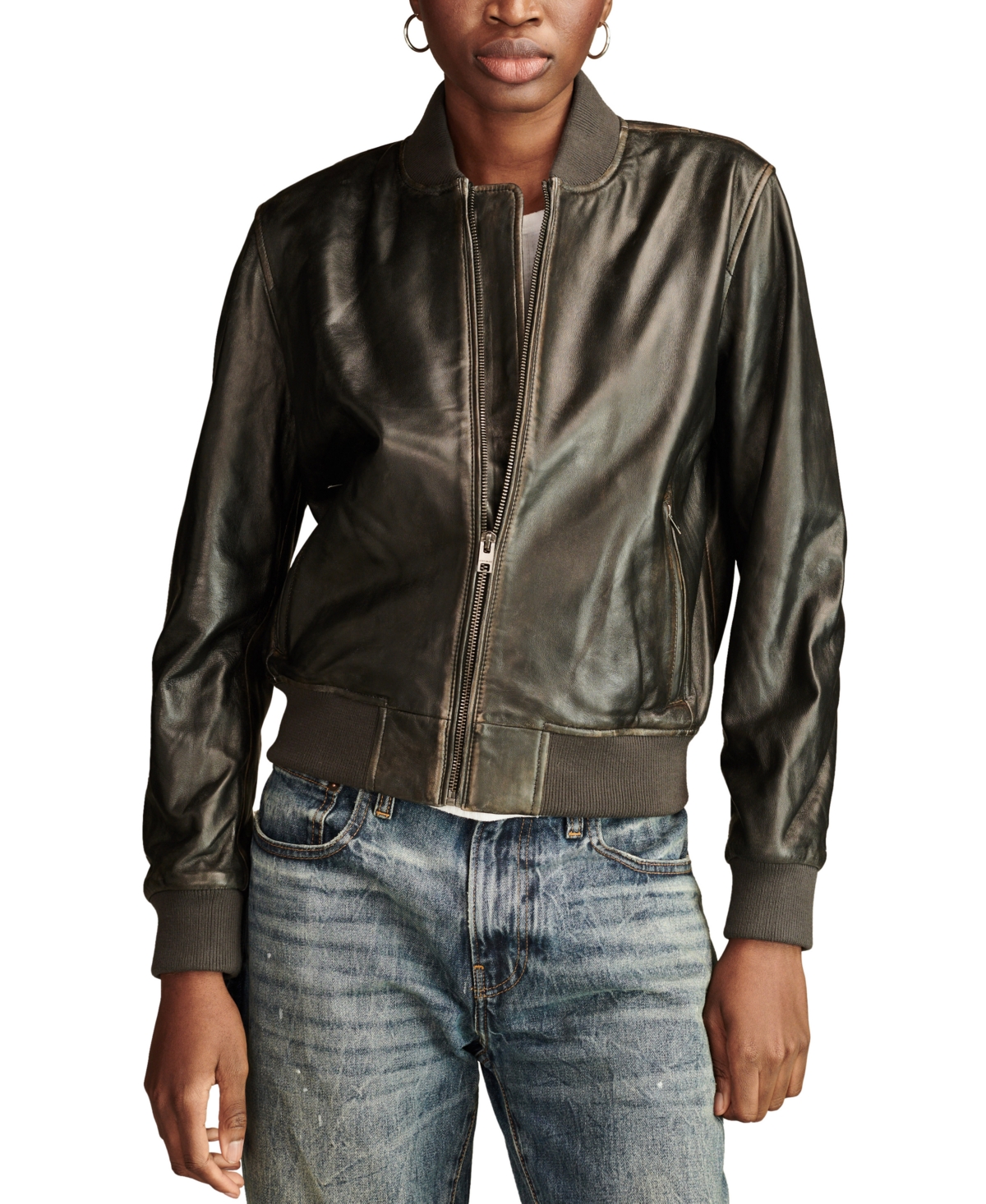 Lucky Brand Liana Leather Bomber Jacket In Black
