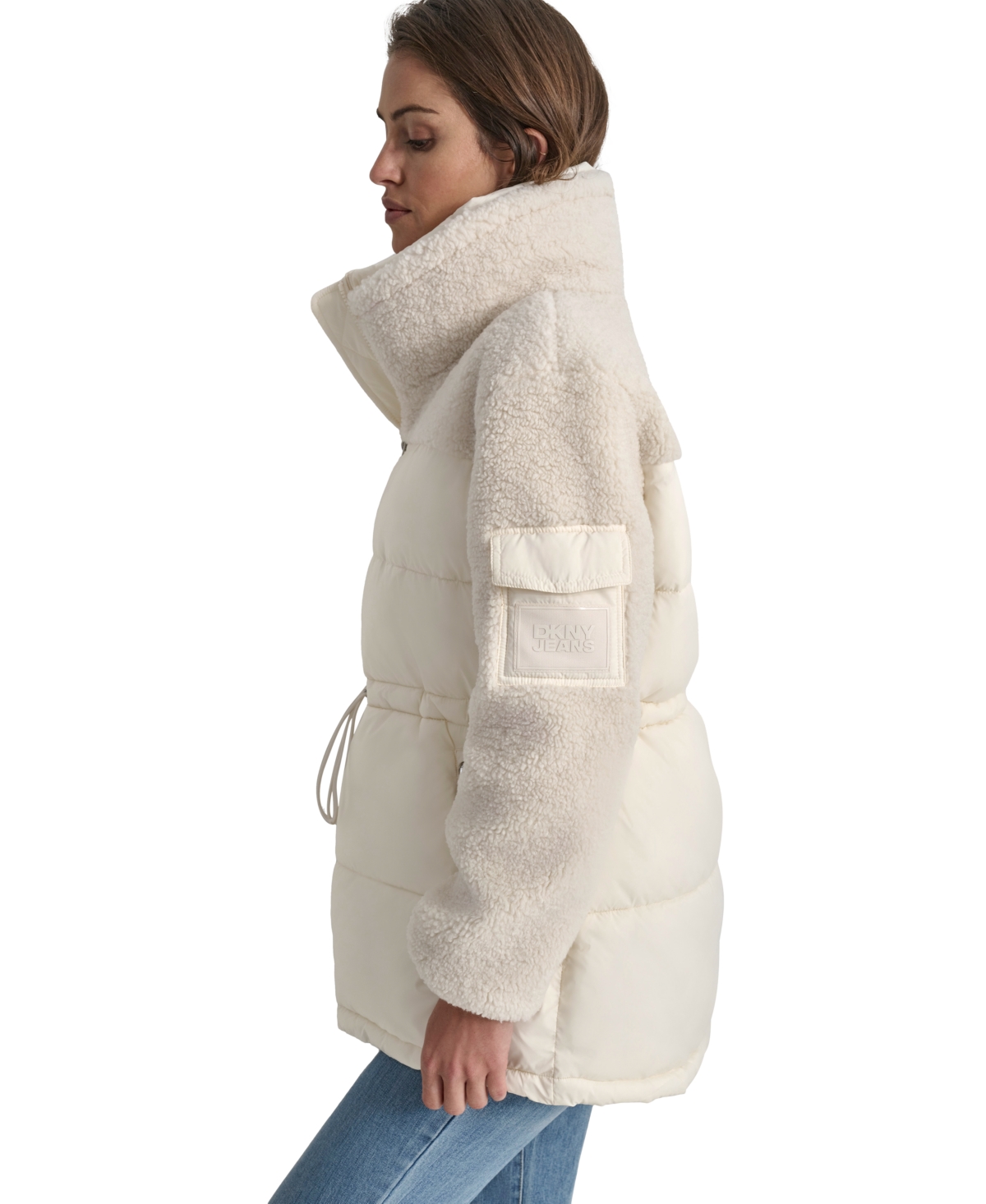 Dkny Jeans Women's Faux-sherpa Puffer Mixed Coat In G0h - Eggnog