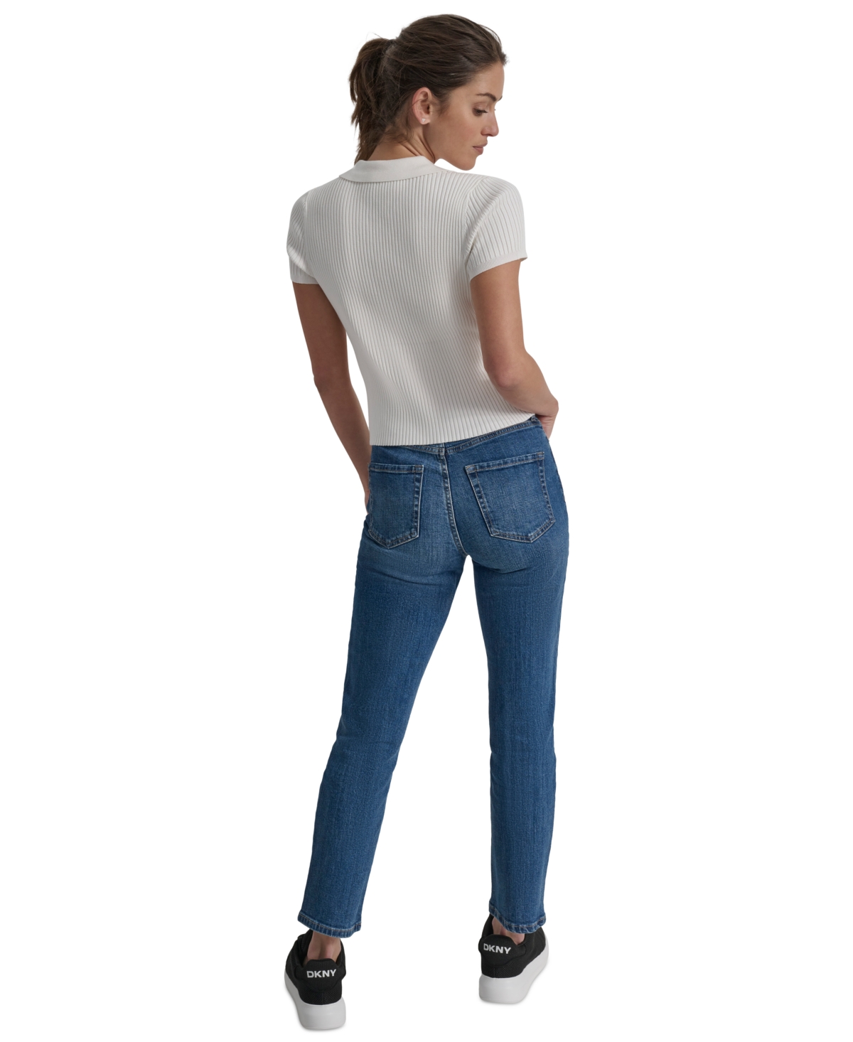 DKNY JEANS WOMEN'S SHORT-SLEEVE RIBBED KNIT POLO SHIRT 