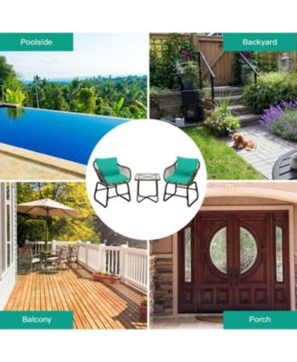 3 Pieces Patio Rattan Bistro Set with Cushions and Glass Table