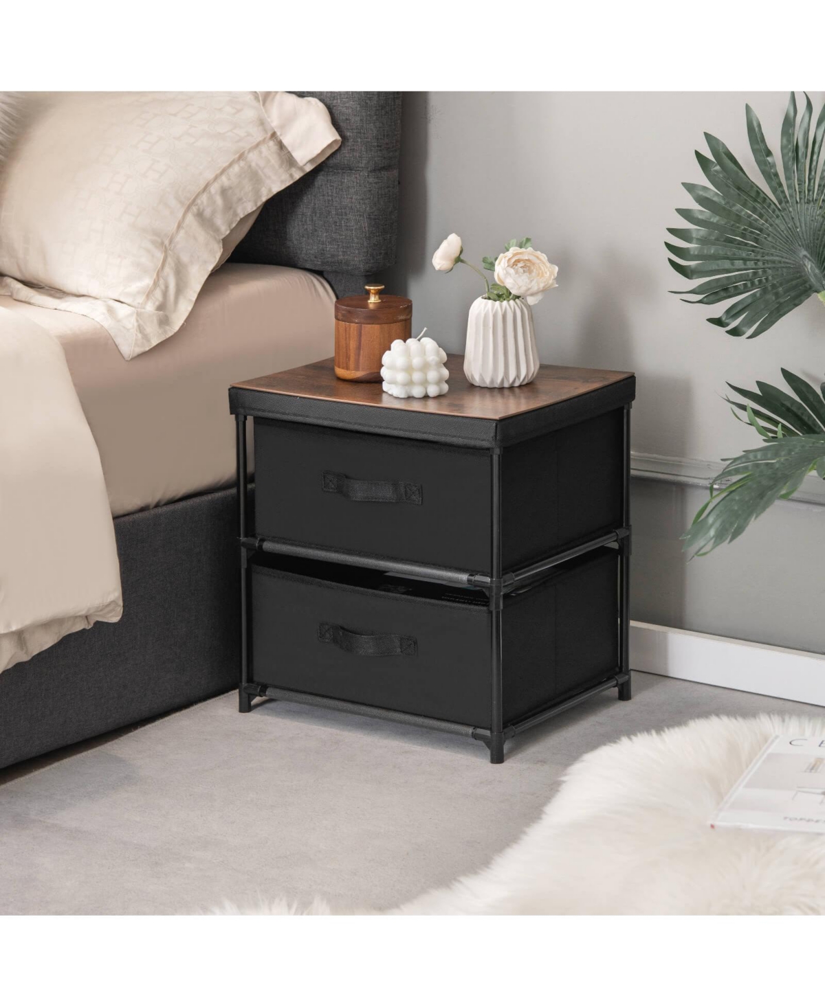 Sugift 2-Drawer Nightstand with Removable Fabric Bins and Pull Handles-Black