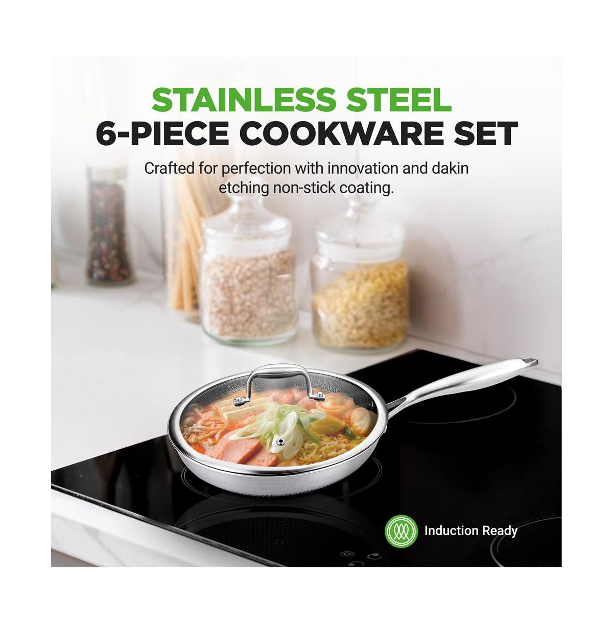 NutriChef Kitchenware Pots & Pans Set - TriPly Stainless Steel Cookware, Dakin Etching Non-Stick Coating Inside and Outside (6-Piece Set) - Assorted p