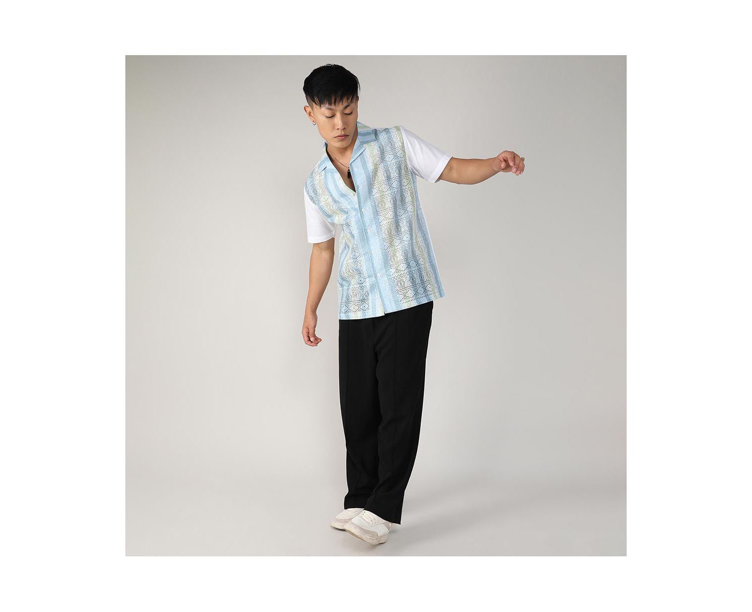 Men's Light Blue & Pale Yellow Fish Eye Ethnic Shirt
