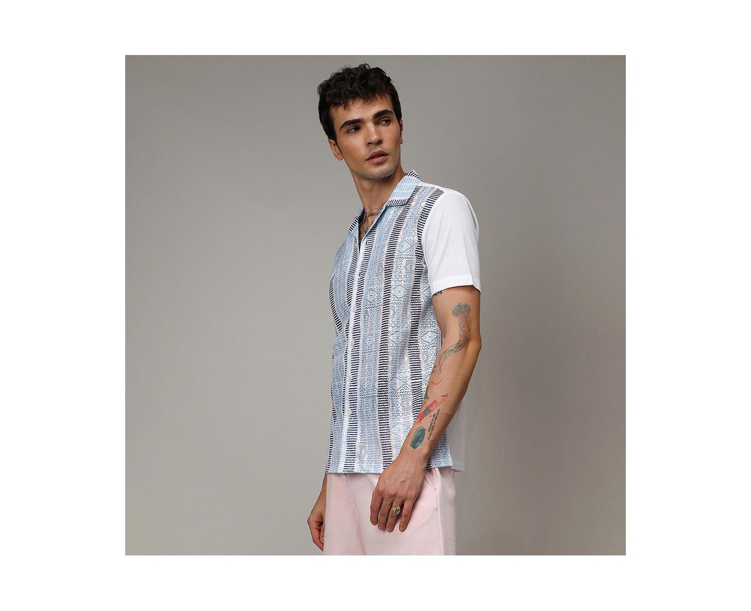 Men's Sky Blue & Midnight Black Fish Eye Ethnic Shirt