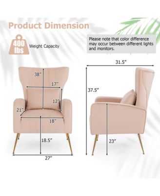  Standard Size  Velvet Upholstery  Wingback Design, Lumbar Pillow, Golden Metal Legs  Accent Chair