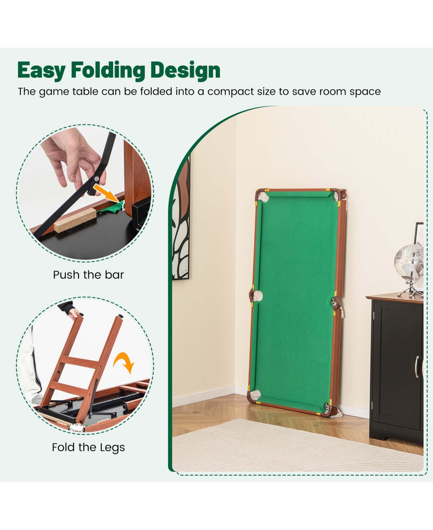 Детские игрушки Costway Folding Pool Table Set with Foldable Legs Adjustable Foot Levelers 2, цвет: Зелёный — фото 10
