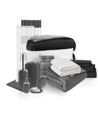 23 Piece Complete College Dorm Room Essentials Bedding & Bath Bundle - Twin XL - Black And Burgundy