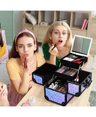 Makeup Train Case Cosmetic Organizer w/ Mirror Mermaid Purple Artist