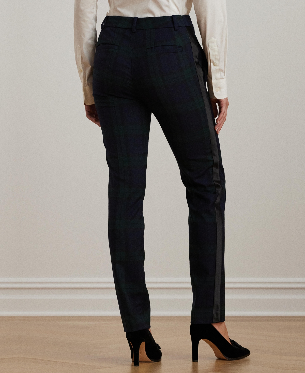 Lauren Ralph Lauren Women's Plaid Satin-Stripe Twill Cropped Pants, Regular & Petite -Navy/Black