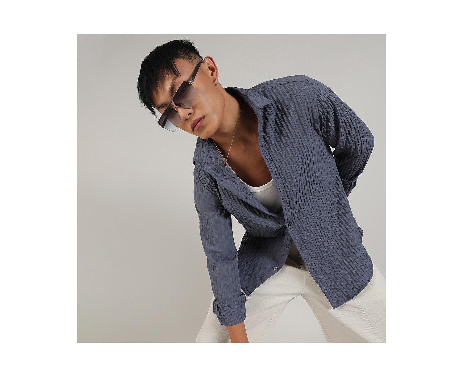 Men's Prussian Blue Crinkled-Weave Shirt