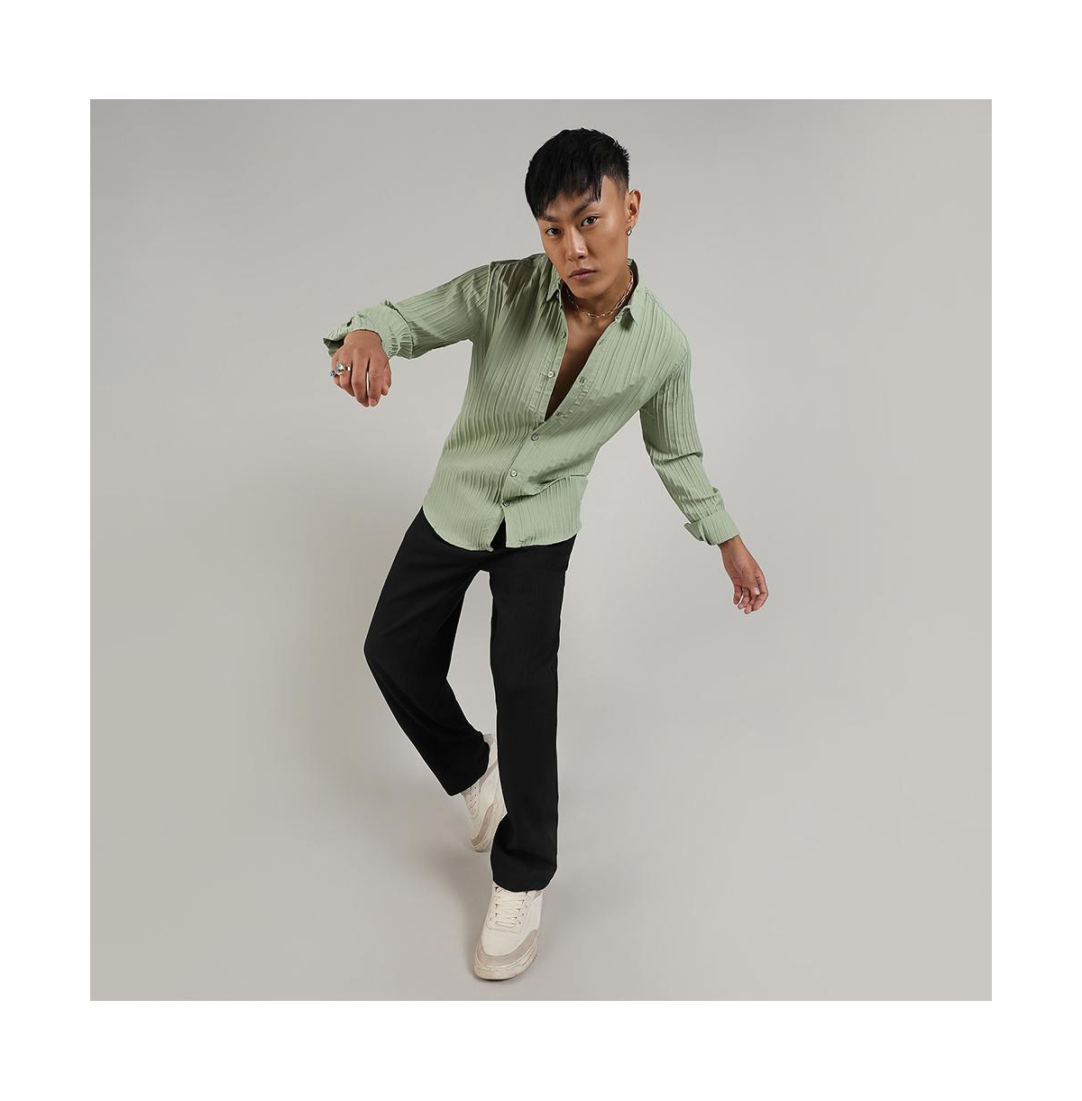 Campus Sutra Men's PistachioSelf-Design Striped Shirt - Green