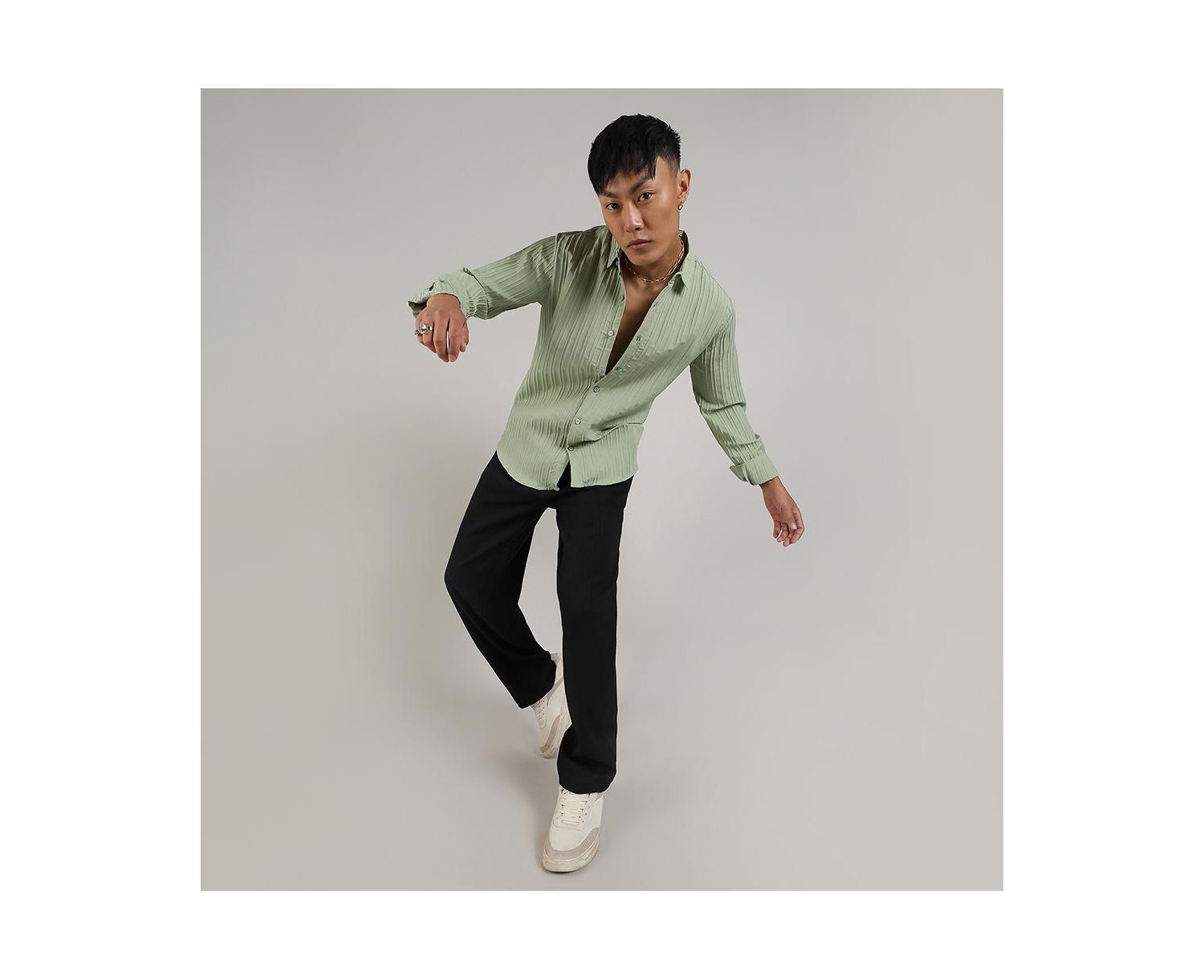 Men's Pistachio Green Self-Design Striped Shirt