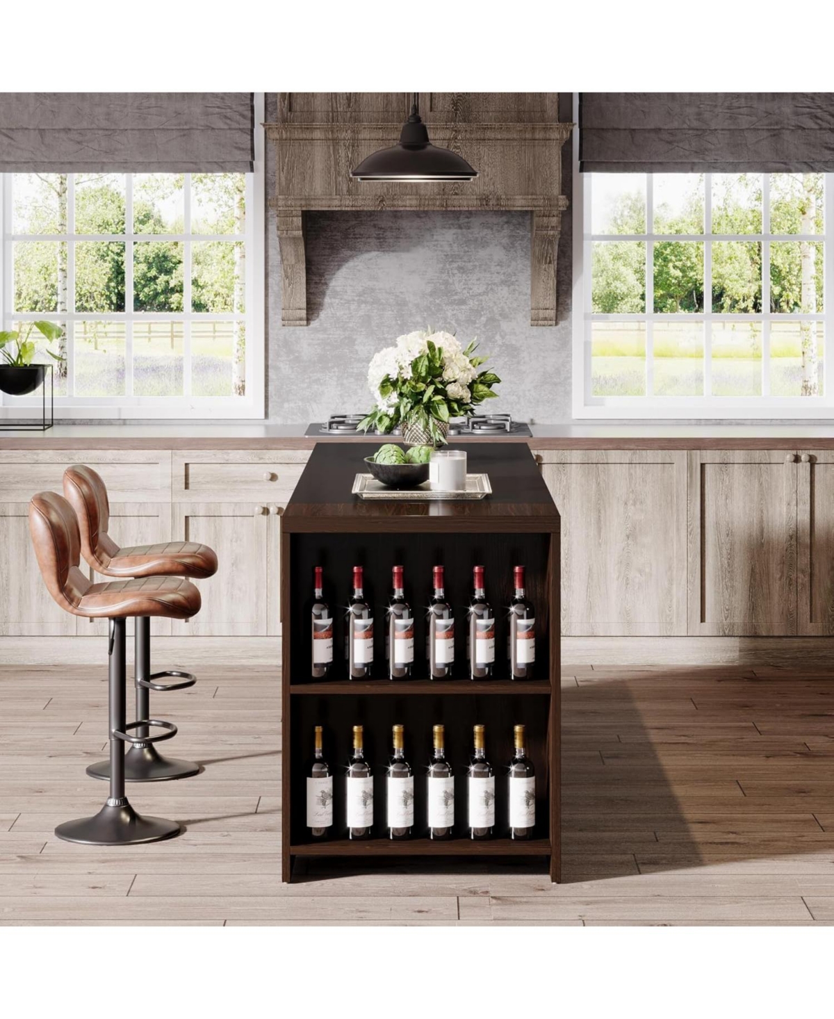 Tribesigns Kitchen Island with Storage, Farmhouse 5-Tier Stationary Island Table with 5 Shelves, Wood Coffee Bar Table Storage Cabinet with Large