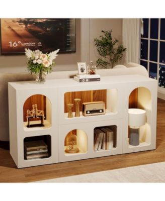 59" White Console Table, Modern Entryway Table, Wooden Storage Organizer Entrance Table with 6 Compartments, Long Sofa Table