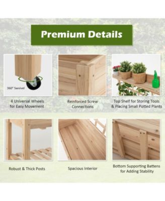 Wooden Raised Garden Bed with Wheels Trellis and Storage Shelf