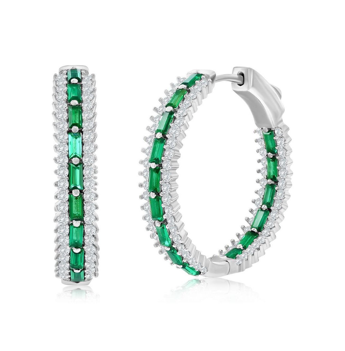 Sterling Silver 25mm Center Baguette & Round Cz Hoop Earrings - Sapphire