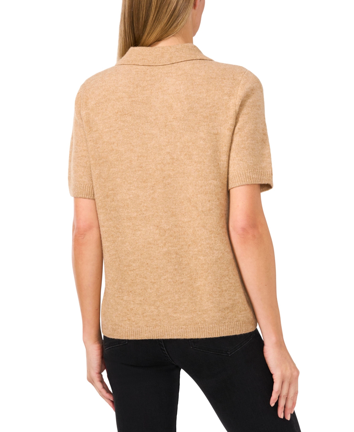 Cece Imitation Pearl Button Polo Sweater In Latte Heather