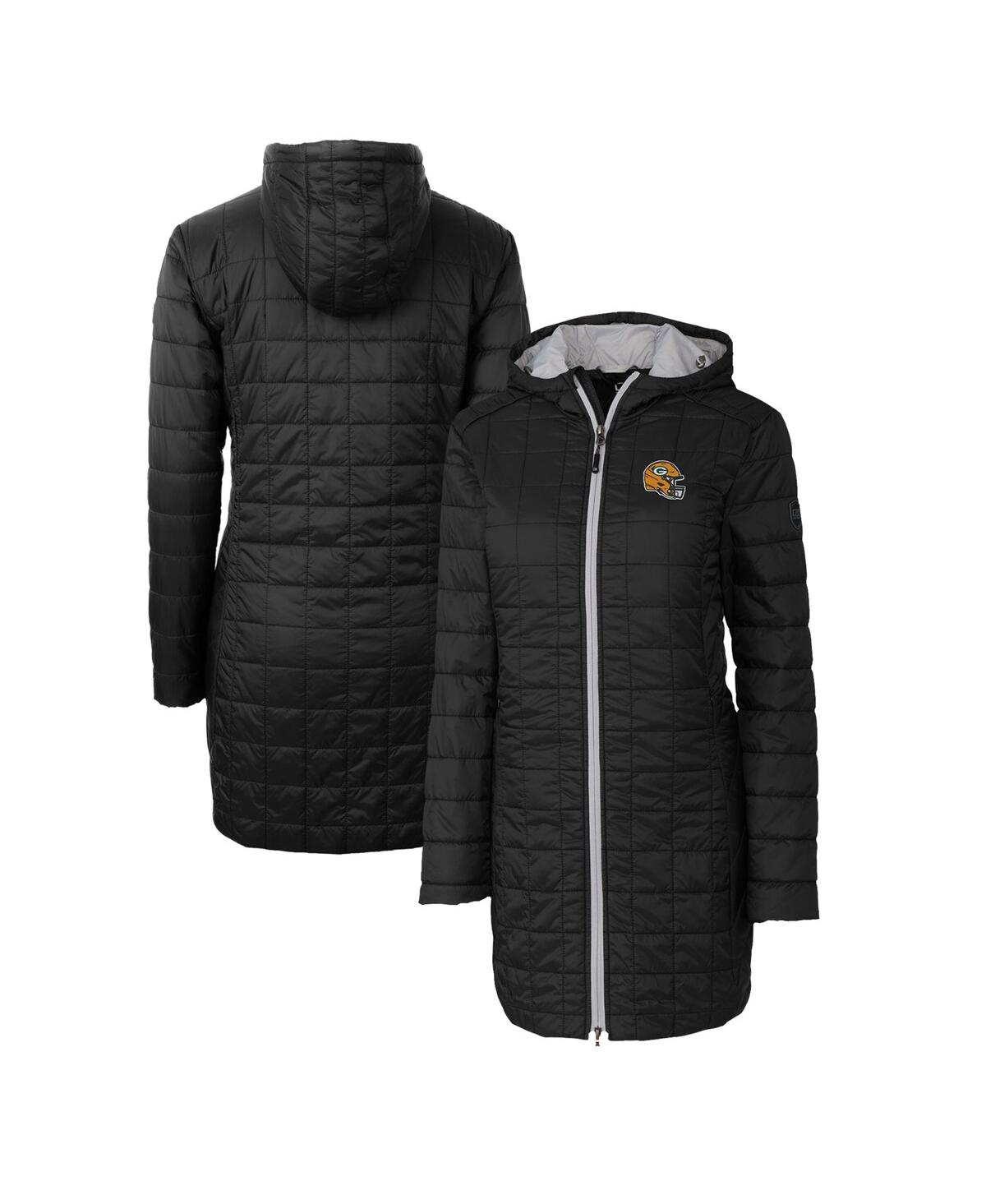 Cutter & Buck Women's Black Green Bay Packers Helmet Logo Rainier Primaloft Eco Insulated Hooded Long Coat In Black
