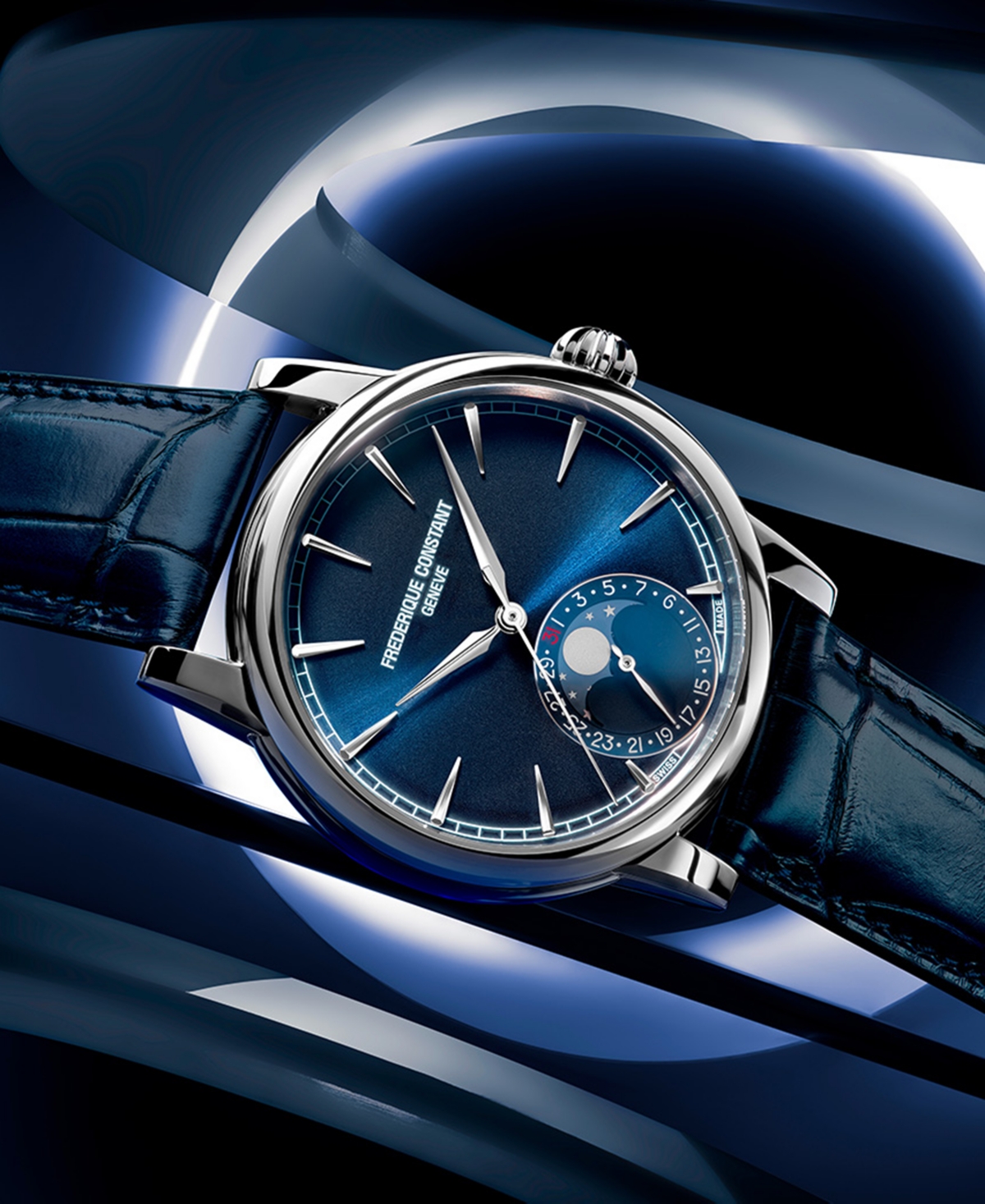 Frederique Constant Men's Swiss Automatic Classic Moonphase Date Manufacture Blue Leather Strap Watch 40mm In Blue