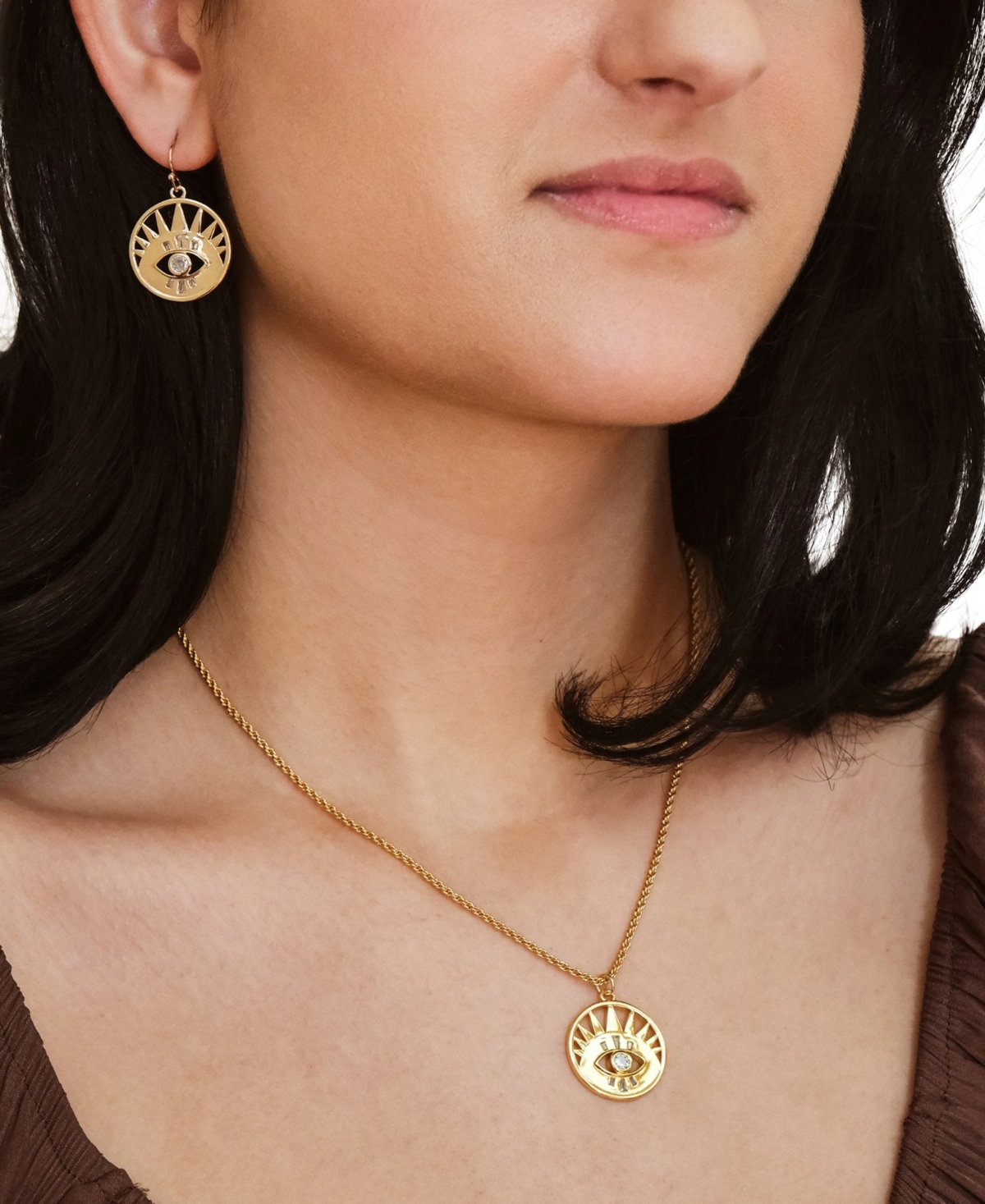 Sterling Forever Cubic Zirconia Evil Eye Dangle Earring Necklace Set In Gold