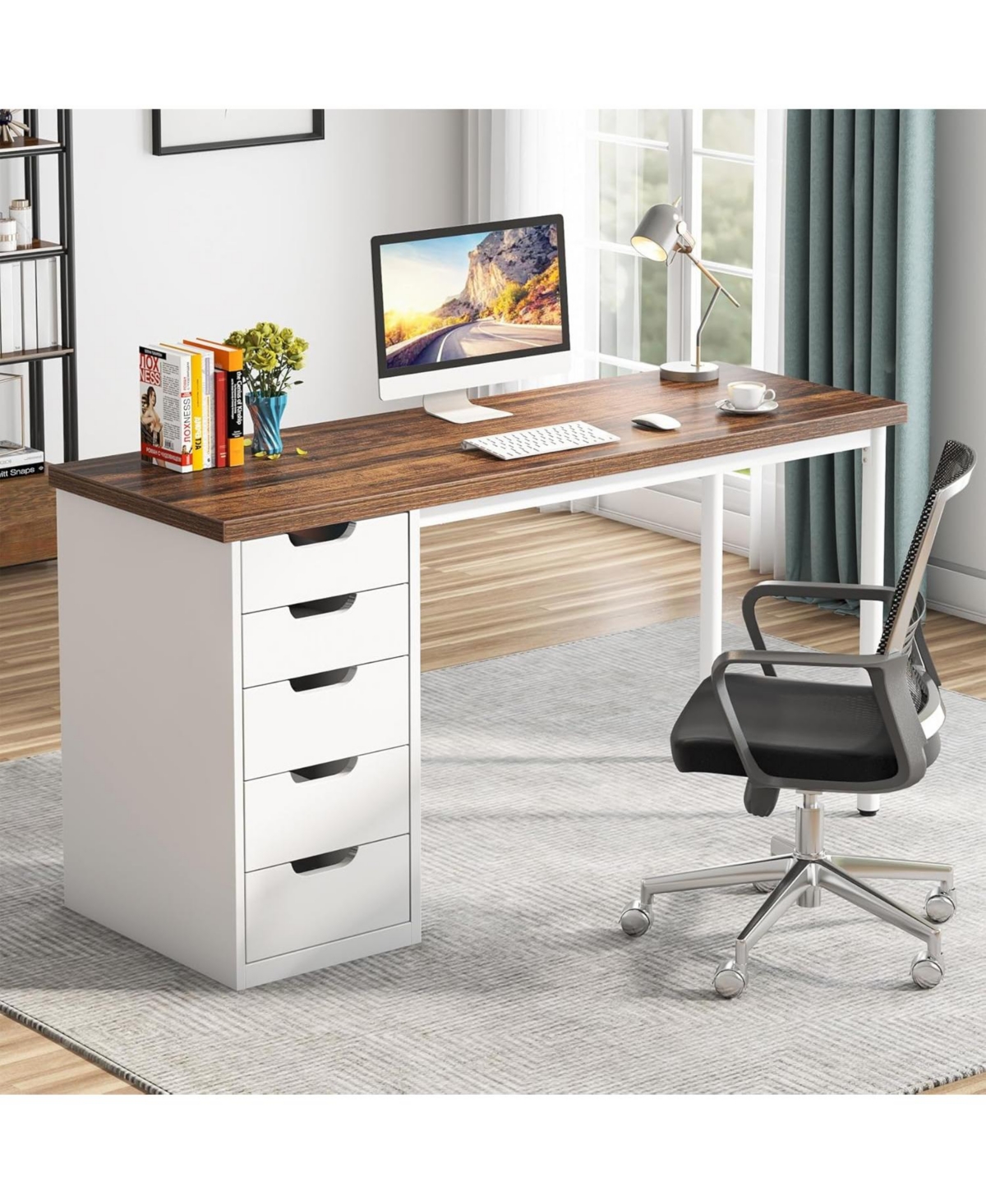 Tribesigns Computer Desk with 5 Drawers, inches Rustic Brown Home Office Desk with Storage, Modern Simple Laptop Desk Study Writing Table for Small