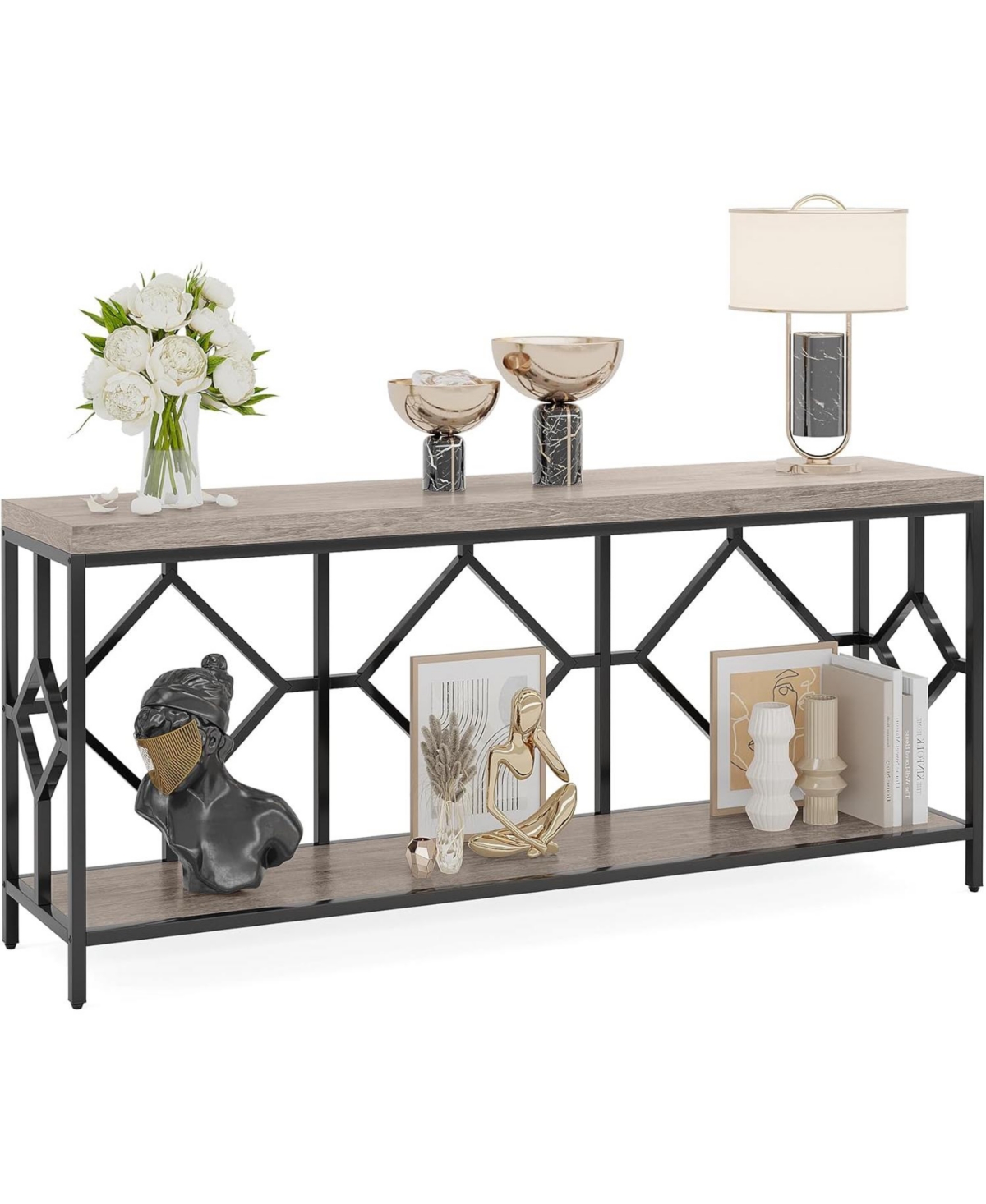 Tribesigns Extra Long Sofa Table, Narrow Long Sofa Console Tables Behind Couch Table with Open Storage Shelf - Grey and black