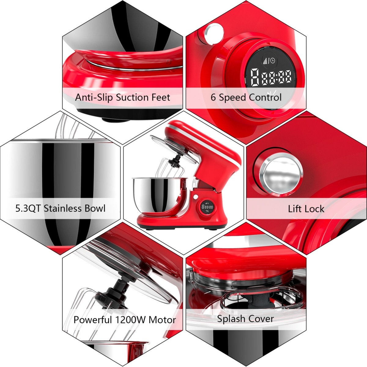 Sugift Digital Display Stand Kitchen Food Mixer 6 Speed with Egg Whisk, Dough Hook & Flat Beater