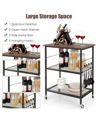 3-Tier Kitchen Serving Cart Utility Standing Microwave Rack with Hooks