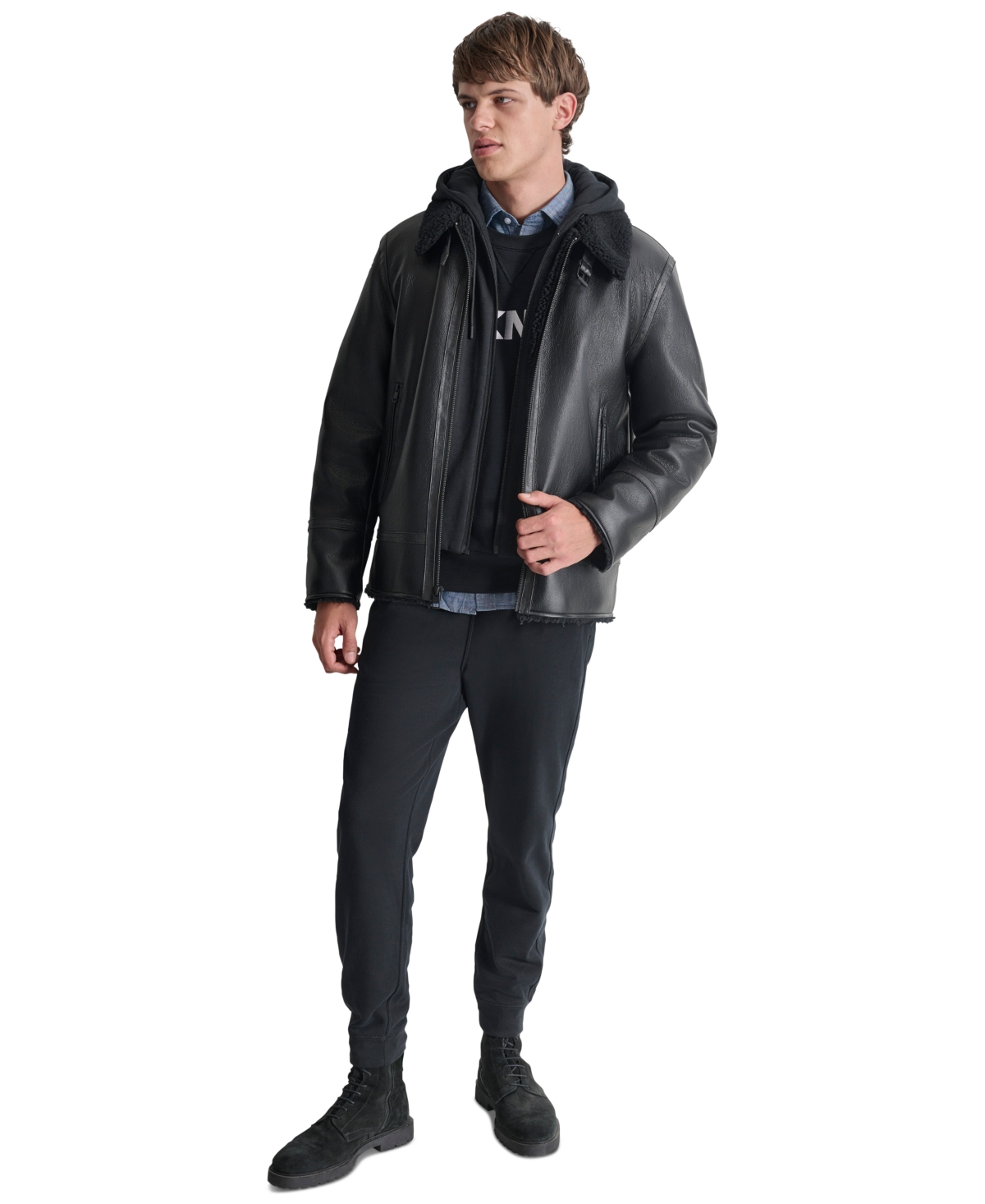 DKNY MEN'S FAUX LEATHER JACKET WITH REMOVABLE FAUX FUR BIB 