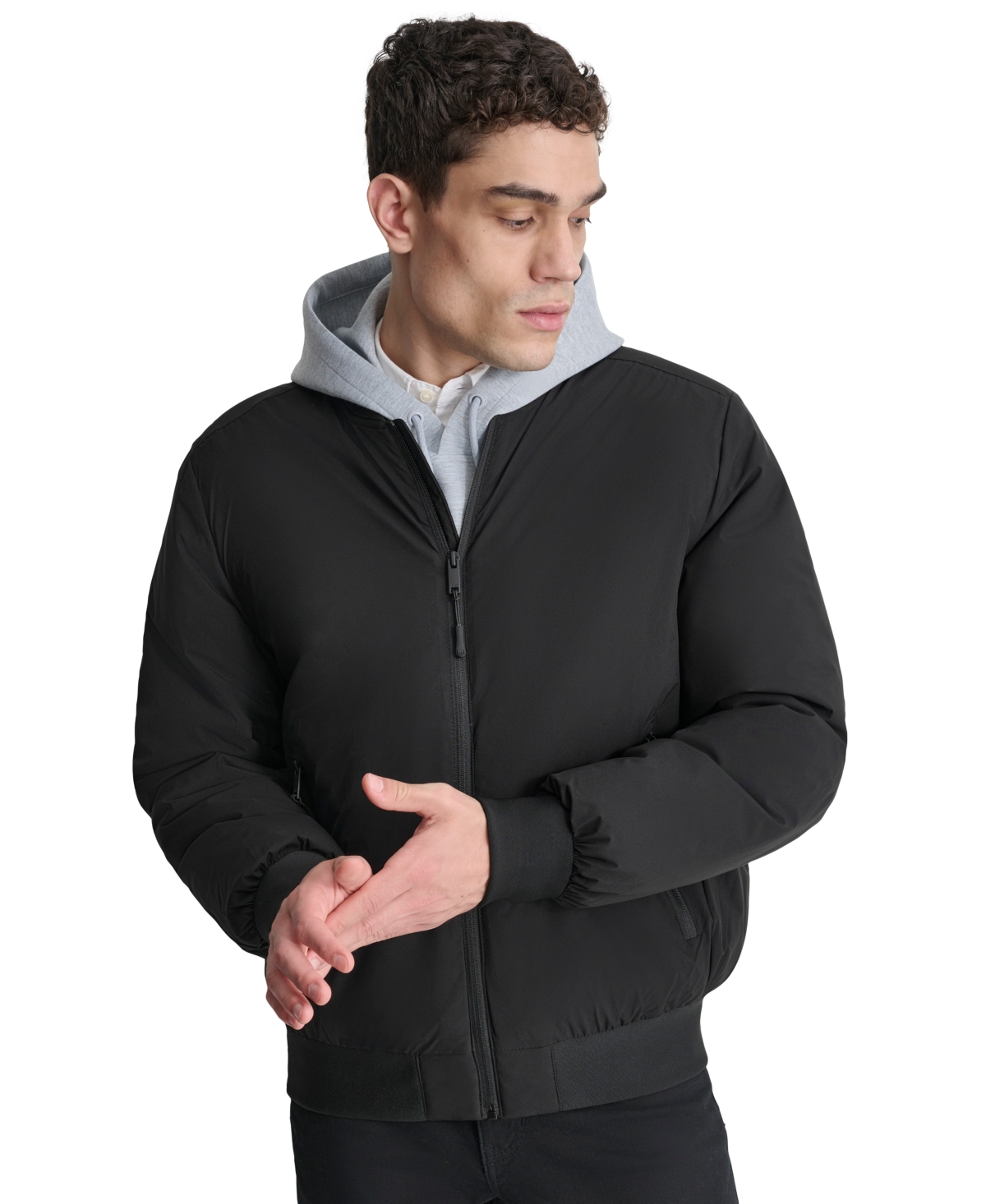 Men's Stretch Zip-Front Zip-Pocket Bomber Jacket - Black
