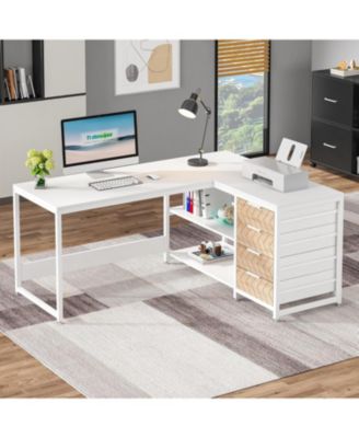 L Shaped Computer Desk with Storage Drawers, 59 inch Corner Desk with Shelves, Reversible L-Shaped Office Desk Study Writing Table Workstation for Home Office