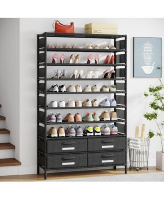 10 Tier Shoe Rack Organizer with 4 Bins Drawers, 50 Pairs Vertical Shoe Racks Free Standing Tall Shoe Shelf Storage Organizer