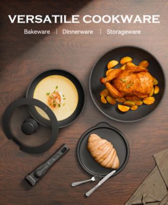 18-Piece Non-Stick Cookware Set with Silicone Tools, Detachable Handles, Space-Saving Design for All Stovetops