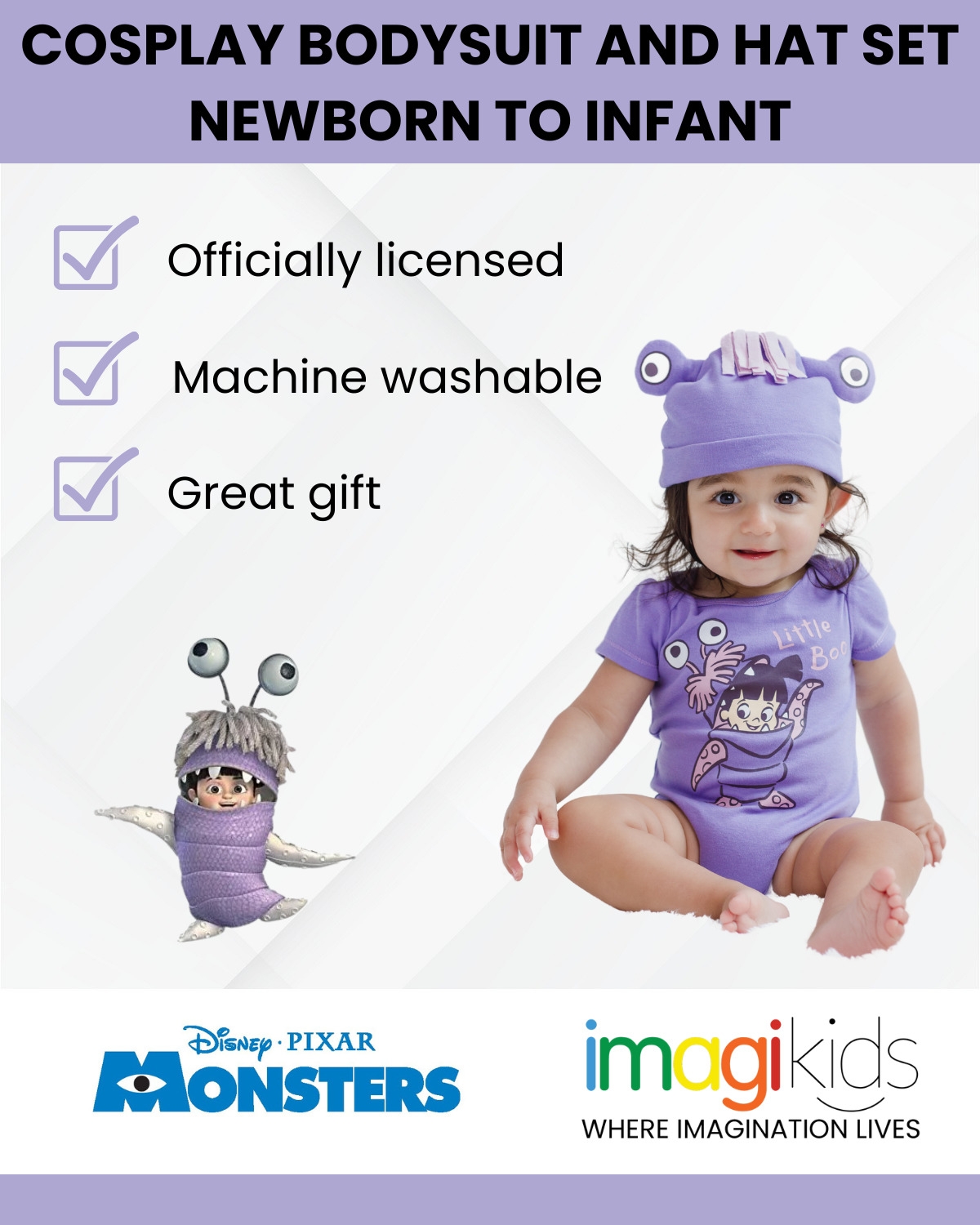 Disney Baby Girls Minnie Mouse Monsters Inc. Baby Cosplay Bodysuit and Hat Set Newborn to (Newborn - 24 Months)