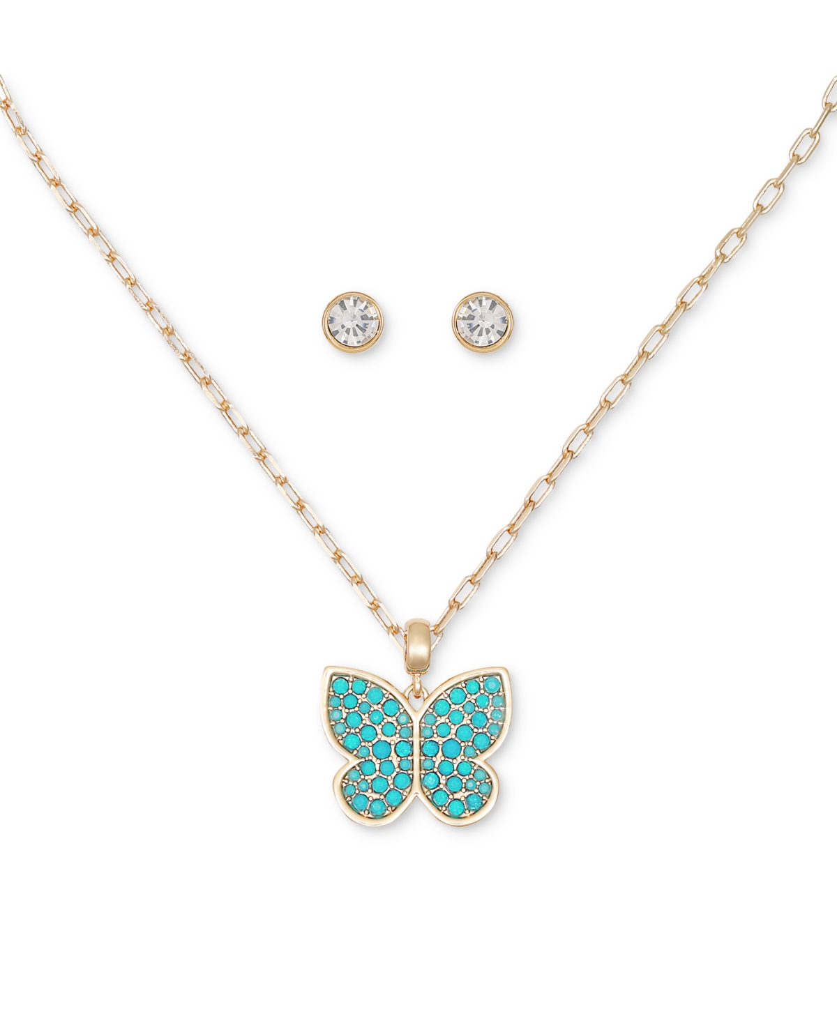 Guess Colored Stone Butterfly Pendant Necklace and Stud Earring Jewelry Set -Sapphire