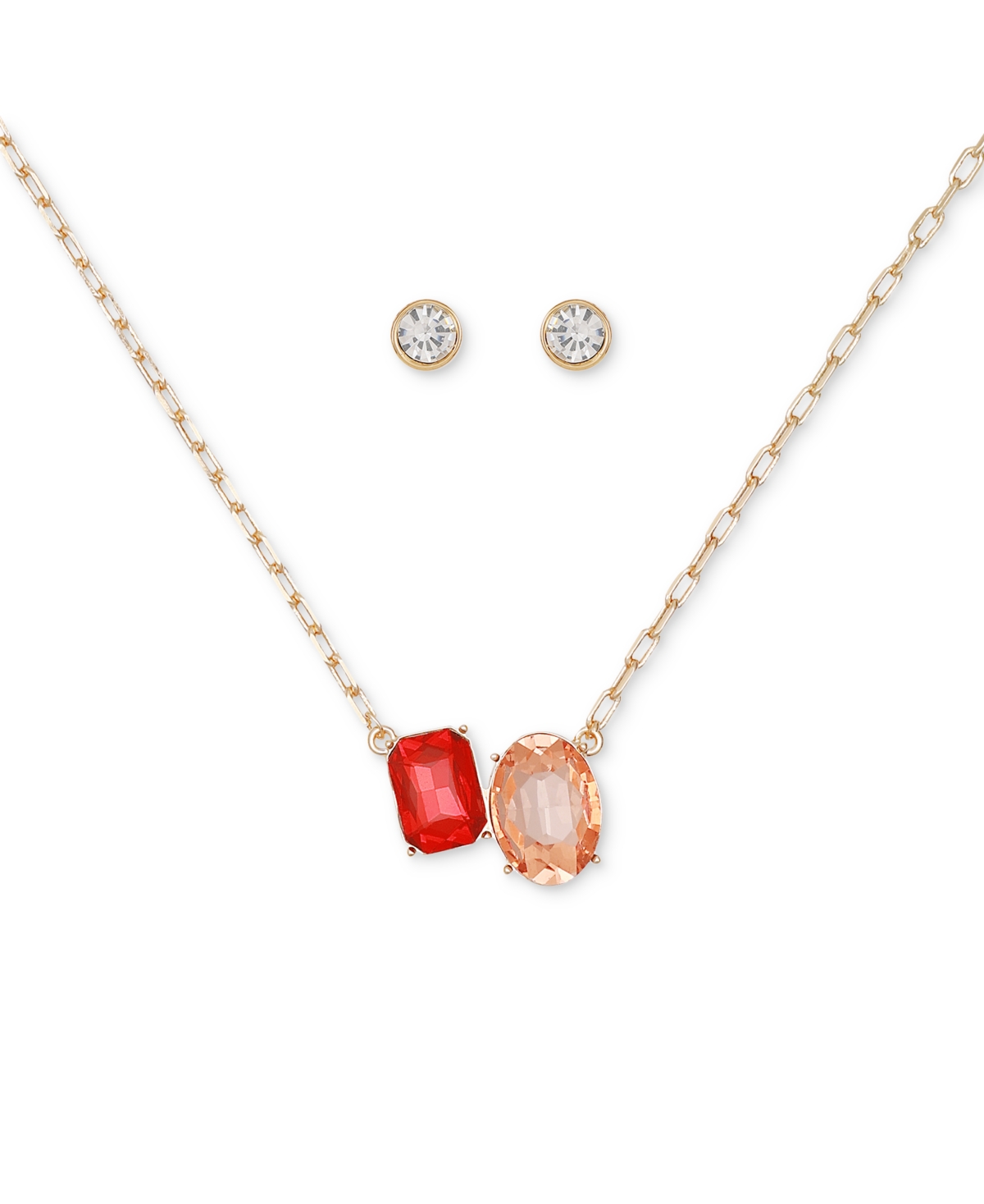 Guess Gold-Tone Double Crystal Pendant Necklace & Logo Stud Earrings Set - Rose gold-ton