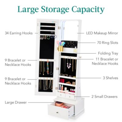 360 Swivel Standing Mirrored Jewelry Cabinet, LED-Lit Makeup Organizer w/ Mirror